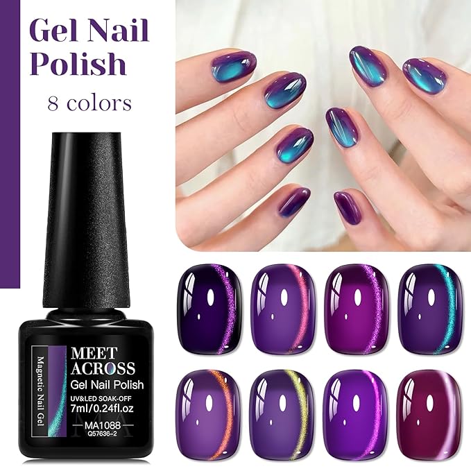 MEET ACROSS 9Pcs Cat Eye Gel Nail Polish Set Glitter Purple Magnetic Gel Polish Kit with Magnet, Sparkly Shiny Magnetic Cateye Nail Polish DIY Manicure Kit 8 Colors