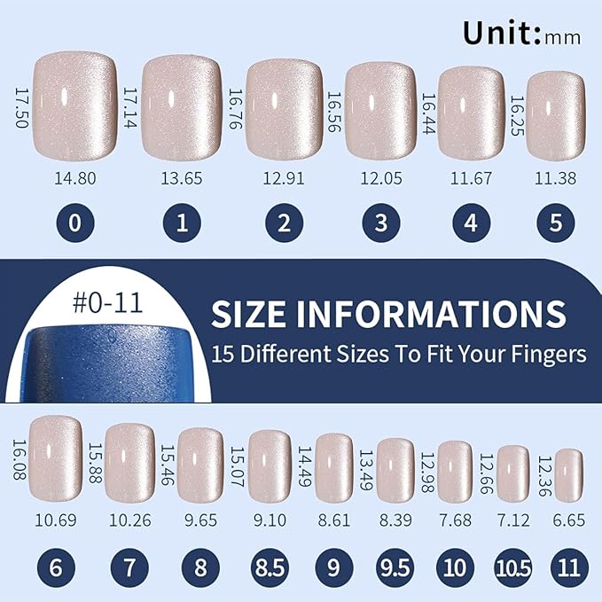150Pcs Cat Eye Press on Nails Short Square Fake Nails 5 Color Glitter Glossy Glue On Nails Full Cover Shiny Acrylic False Nail Tips Kit for Women DIY Nail Art Manicure 15 Size