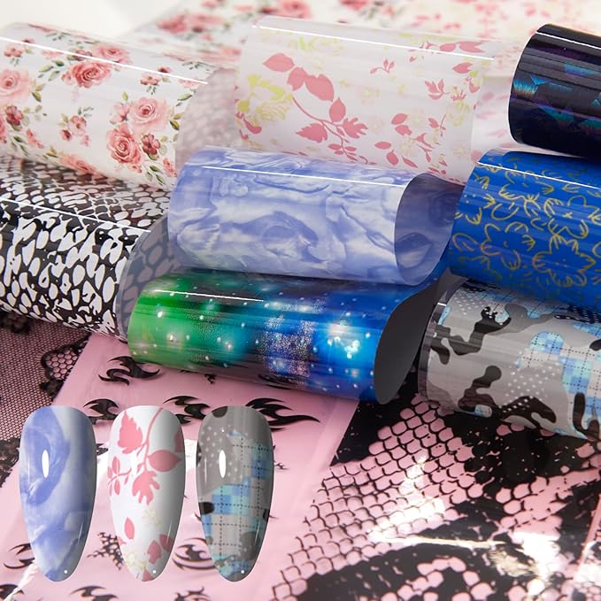 300 Sheets Nail Foils Transfer Nail Art Foil Stickers Laser Flower Iridescent Gradient Nail Sheets Leopard Print Marbling Transfer Sticker for Nails Decoration