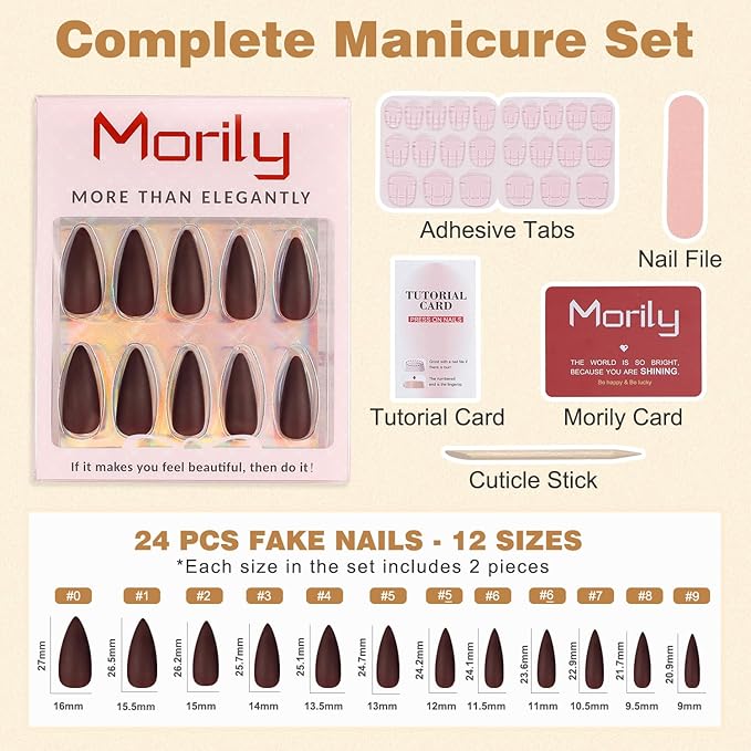 Morily 24pcs Fake Nails Matte Pure Color Medium Long Stiletto Almond Press on Nail False Tips Artificial Finger Manicure for Women (Wine Red)