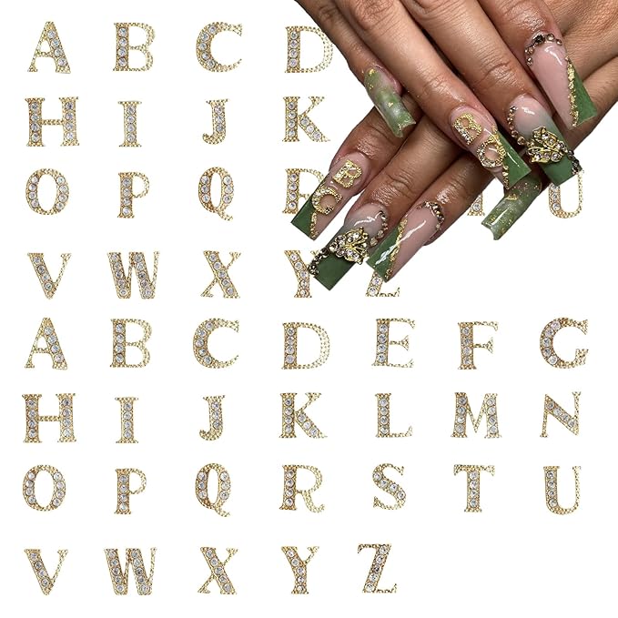 52 Pcs 3D Gold Nail Charms Letters Initial Charms for Nails Nail Letter Charms Alphabet Rhinestone Letter Nail Charms for Nail Art Design Decoration DIY Craft