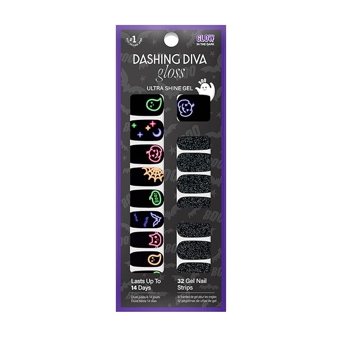 Dashing Diva Gloss Nail Strips - Deja Boo - UV Free, Chip Resistant, Long Lasting Gel Nail Stickers - 3-Piece Glow-In-The-Dark Manicure Set - Contains 32 Wraps, 1 Prep Pad, 1 File