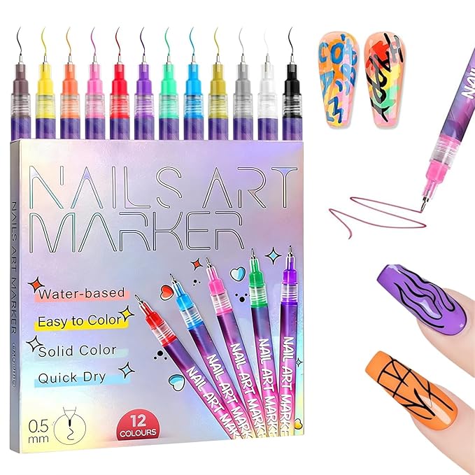 Nail Art Pens Markers Kit - 12 Colors 3D Nail Polish Art Pens Set Design Tools for Girls Women Kids Beginners DIY Painting Nails, Drawing Painting Liner Brush Quick Dry 0.5mm (12 Count (Pack of 1))