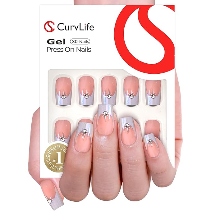 Curvlife Press On Nails – 30PCS Full Cover False Natural Fit Soft Gel Fake Nails Tips, Easy to Apply at Home Glue On False Nails Kit (Pearl French Rhinestones, Long)