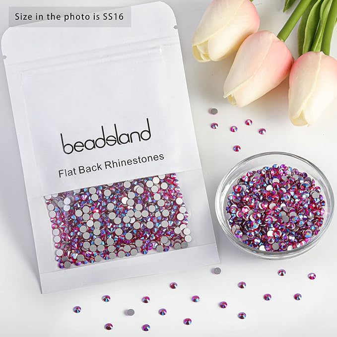 Beadsland Flat Back Crystal Rhinestones Round Gems for Nail Art and Craft Glue Fix, Light Siam AB, 3.8-4.0mm, SS16/1440pcs
