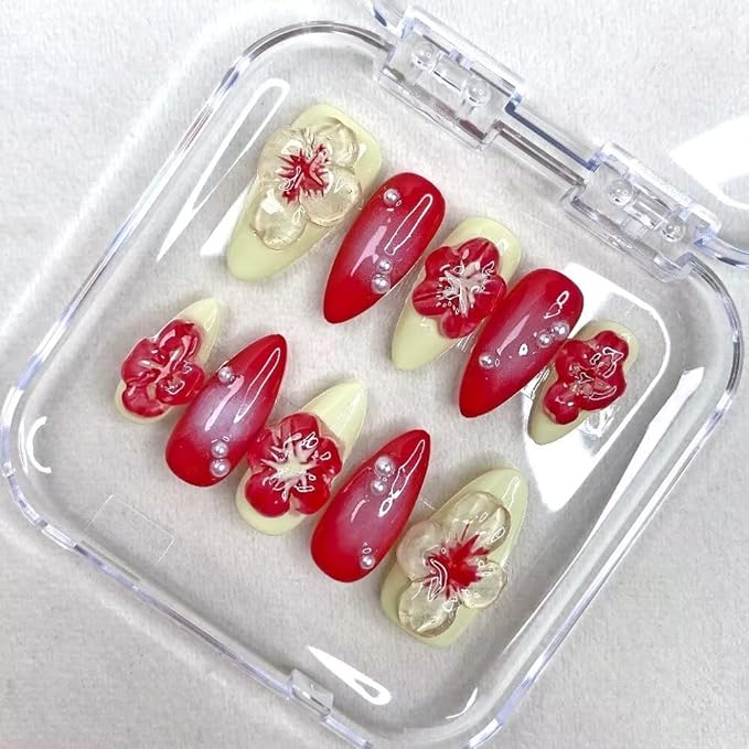 Small size MAGLFELL Women Press On Nails - 3D Almond Handmade 10Pcs Unique Fake Nails, Artistic Design, Thick Acrylic and Muti-Layer Gel False Nails-S size