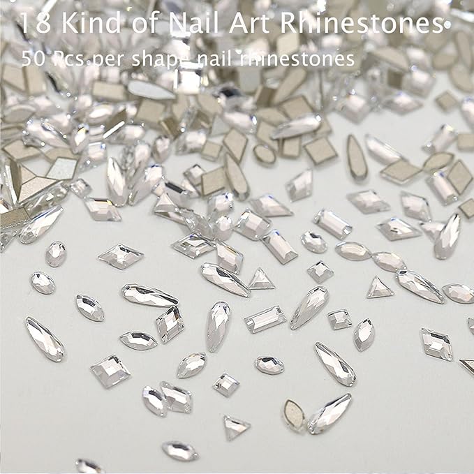 18 Types of 900 Special-Shaped Clear Nail Diamonds + 3200 Flat-Bottomed Nail Rhinestones, Nail Crystal Rhinestones Set with Tweezer + Pickup Pen