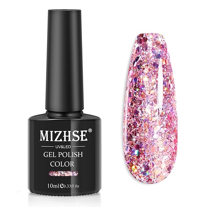 MIZHSE Glitter Gel Nail Polish Pink Sparkly Diamond Holographic Effect Soak off UV LED Gel Polish Chunky Gels Home DIY Salon Nails Art Design