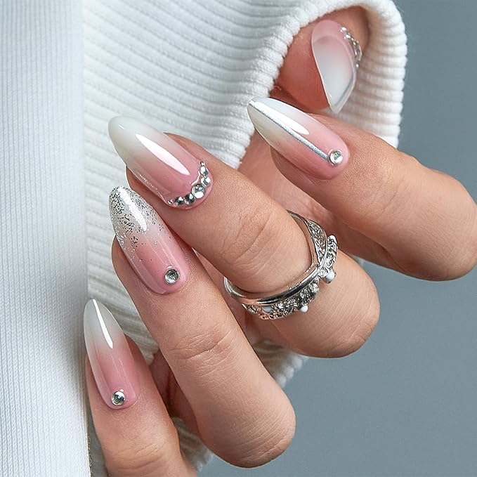 CurvLife Press On Nails Long Almond Pink Ombre French Tip, Soft Gel Glossy Fake Nails, Reusable Durable Salon Look Manicure for Women Teens Beginners, 30pcs, Daily Wear for Work Party