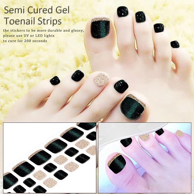 WOKOTO Semi Cured Gel Nail Strips For Toenails, 16 SIZE 32 TIPS Black & Blue Cat Eye Design Toe Nail Polish Strips With Nail File & Wooden Stick, Works With Lamps, Salon-Quality, Long Lasting