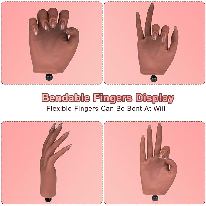 Practice Hand for Acrylic Nails，Nail Practice Hand with Stand Bracket, Flexible Bendable Silicone Nail Practice Fake Hand, Nail Training Mannequin Hand for Acrylic Nails for Beginners, Nail Tech