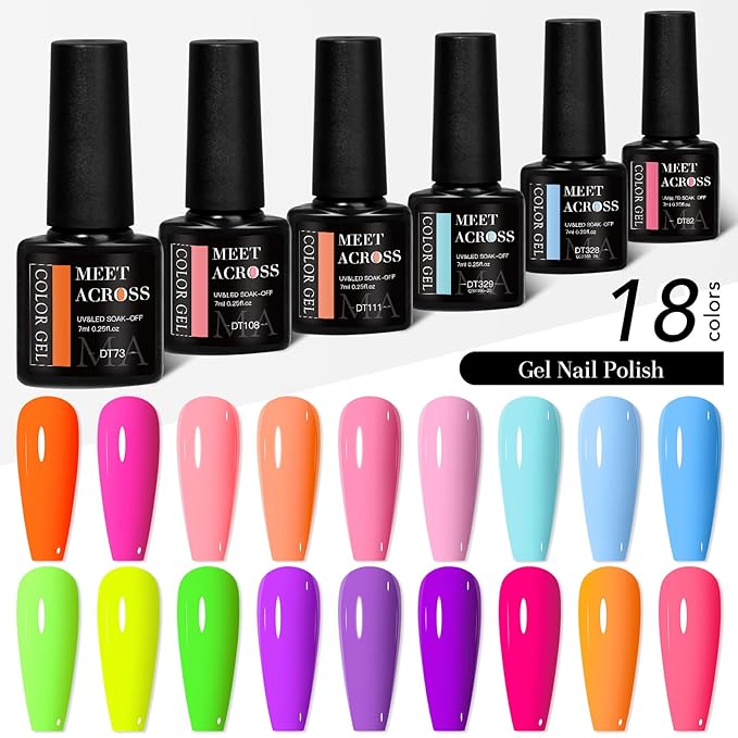 MEET ACROSS 18Pcs Gel Polish Kit Pink Purple Sky Blue Green Orange Bright Color Rainbow Gel Nail Polish Set All Season Manicure Gift for Women