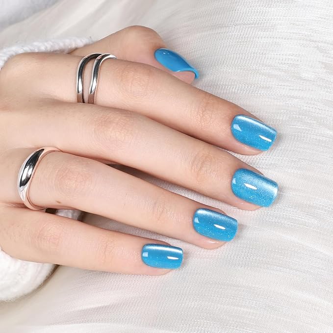 Blue Cat Eye Press On Nails - Short Square Press on Nails Ocean Blue Nails Press Ons for Women, Reusable Glossy Fake Nails Kit with Glue DIY Nails Short in 15 Sizes - 30pcs, Ocean Teal