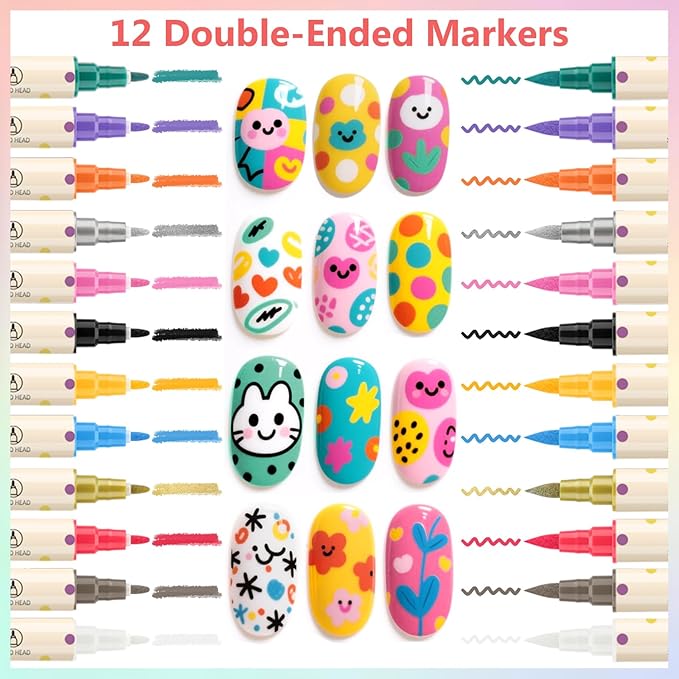 12 Colors Nail Art Pens Set, 3D Nail Polish Pens Quick-Drying Acrylic Paint Markers,For Nail Art Drawing Painting Nail Point Dotting Liner Pen, Nail Design Kit Manicure Tools Home & Salon DIY