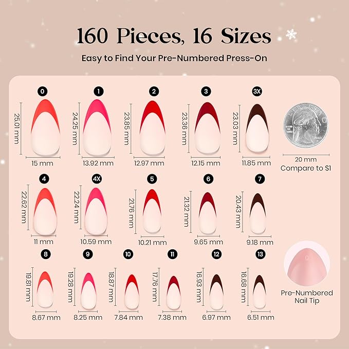 Beetles X Press Red French Tip Nails - Fierce French | 5 Colors Valentines Press On Nails Medium Almond | 16 Sizes 160 Pcs Natural Salon Quality