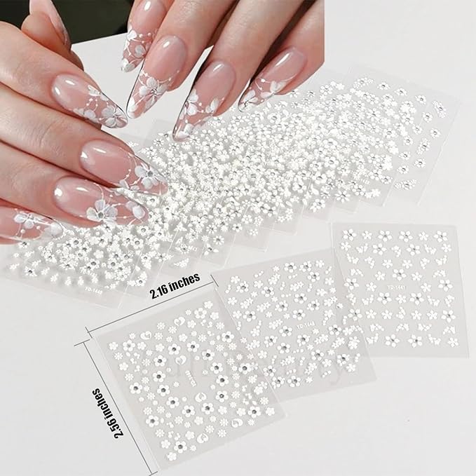 Zoance 102 Sheets Nail Art Stickers & Storage Book,5200 Pieces 3D Self-Adhesive White Floral Nail Stickers with Rhinestones Designs,Multicolor Laser Gold Nail Decals for Women DIY Manicure Decorations