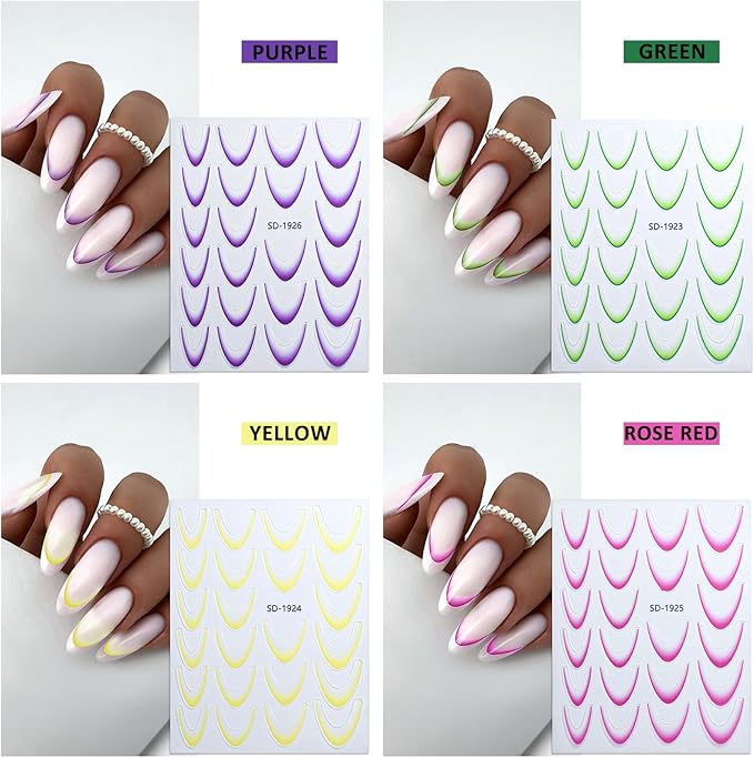 9 Colors French Manicure Nail Art Stickers, 3D Gradient French Tip Stickers Self-Adhesive Nail Decals for DIY Nail Art Decoration 9 Sheets