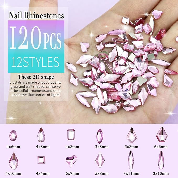 Dowarm 3200PCS Nail Art Rhinestones, Light Pink Flatback Rhinestones for Nails, Crafts, 12 Styles 3D Glass Crystal Nail Gems