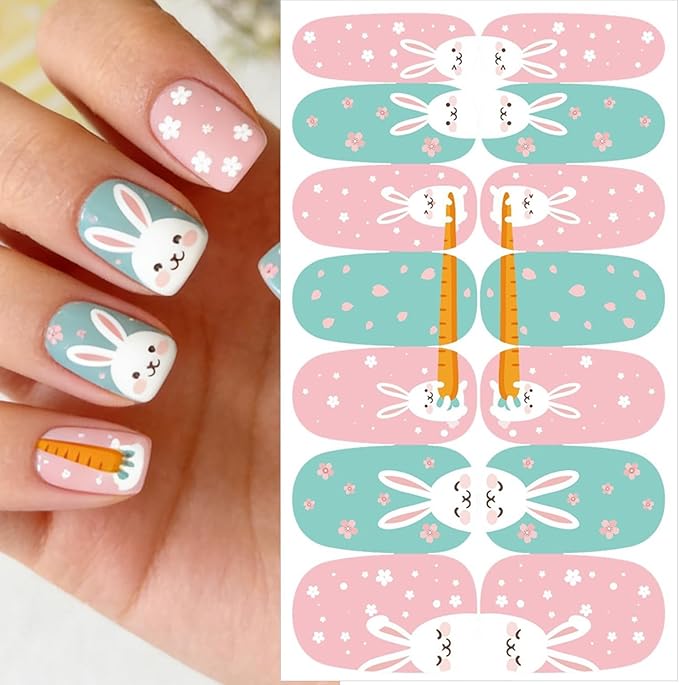 5 Sheets Easter Gel Nail Stickers Cute Rabbit Carrot Nail Polish Strips Colorful Full Wrap Nail Strips Easter Bunny Eggs Nail Strips Stickers Spring Flower Nails Decorations for Women DIY Manicure