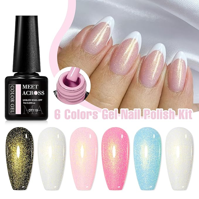 MEET ACROSS 5 Colors Gel Nail Polish with Glitter Gel Top Coat, Shimmery Nail Gel Polish Black White Pink Sky Blue Nail Polish Set Manicure DIY Home Salon 6Pcs*7ml