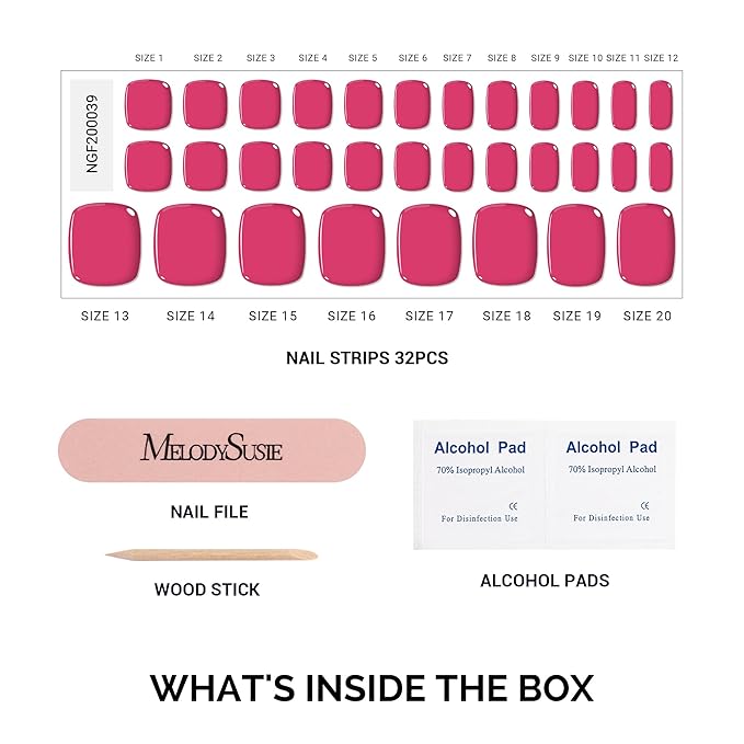 MelodySusie 32Pcs Semi Cured Gel Toe Nail Strips (Bright Pink), Pedicure Stickers for Toes, Works with Any UV/LED Lamps, Salon-Quality, Long Lasting, Easy to Apply & Remove