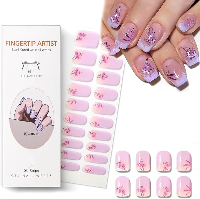 Semi Cured Gel Nail Strips,Purple French Tip Nails Stickers with High Gloss and Glitter Design for Women,60S UV Light Curing Manicure,Long Lasting, Arts at Home