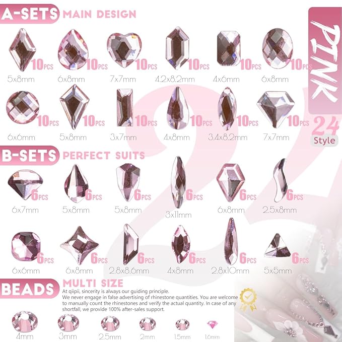24 Styles Light Pink Nail Rhinestones Crystals Multi Shapes Flatback Gems Round Beads K9 Glass Stones Diamonds Jewels Nail Art Charms Supplies for Nails Face Eyes Makeup Crafts DIY Tumblers