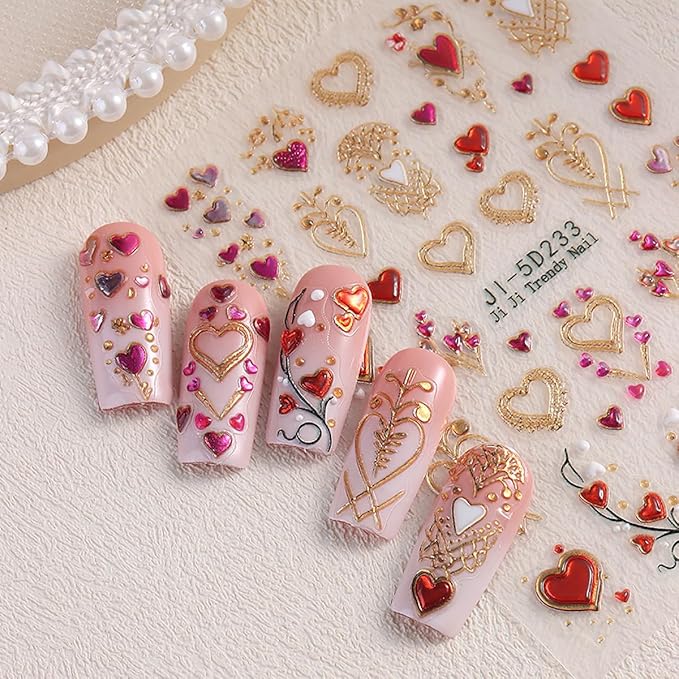 Valentines Day Nail Art Sticker for Nail Art 5D Embossed Love Heart Nail Stickers Gold Red Heart with Flower Rose Romantic Holiday Nail Art Supplies Cute Nail Decals for Women Manicure Accessories