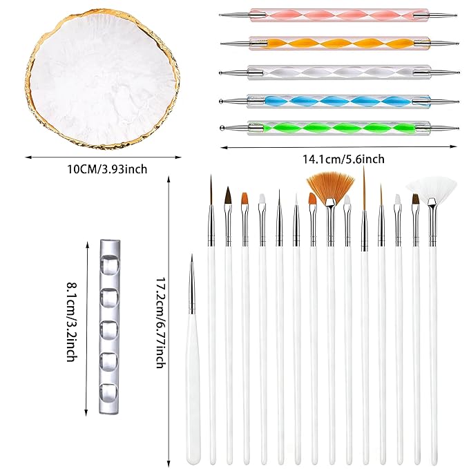 22PCS Nail Art Tools Kit, Nail Brushes Set with Dotting Tools, Palette, Transparent acrylic pen holder, Professional Nail Design Brushes for Nail Painting, Drawing, Detailing - White