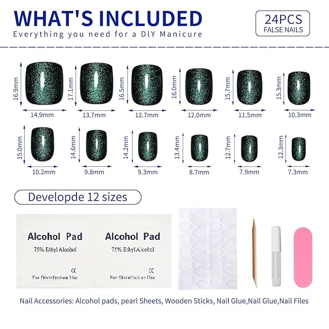 Light green Press on Nails Short Square, Cat Eye Press on Nails, Fashion Gel Fake Nails, Reusable Acrylic Fake Nails, Glossy Stick on Nails for Women, 24Pcs