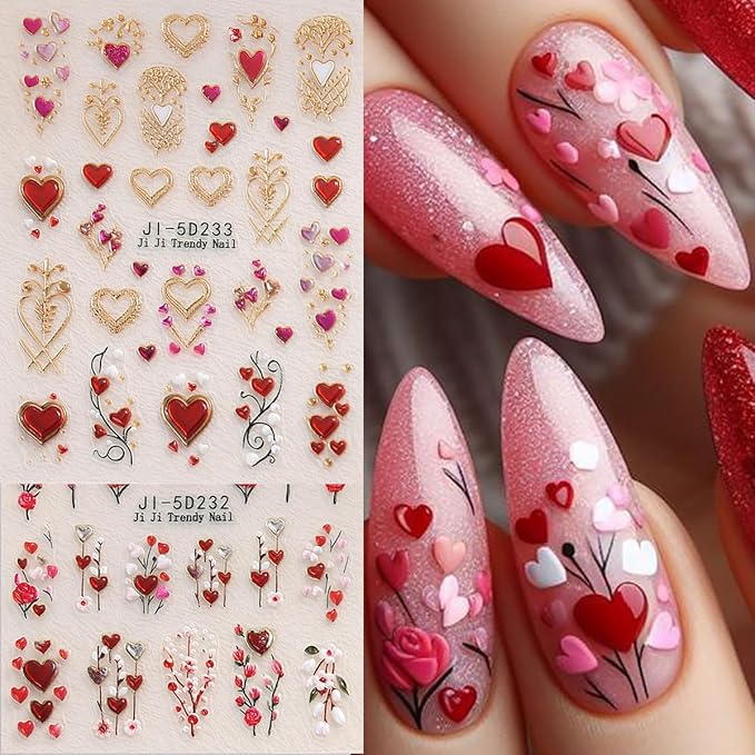 Valentines Day Nail Art Sticker for Nail Art 5D Embossed Love Heart Nail Stickers Gold Red Heart with Flower Rose Romantic Holiday Nail Art Supplies Cute Nail Decals for Women Manicure Accessories