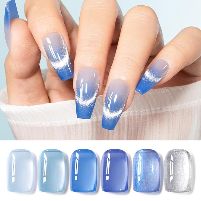 GELLEN Jelly Blue Gel Nail Polish Set, 6pcs Transparent Jelly Blue with Silver Glass Cat Eye Gel Nail Polish with Magnet, for Salon Nail Art at Home DIY