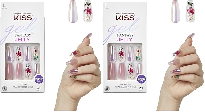 KISS Gel Fantasy Press On Nails, Nail glue included, Jelly Cookie', Pink, Long Size, Coffin Shape, Includes 28 Nails, 2g glue, 1 Manicure Stick, 1 Mini File (Pack of 2)