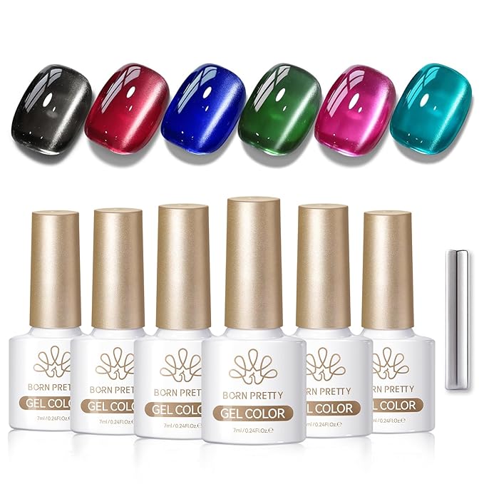 Born Pretty Christmas Cat Magnetic Eye Gel Nail Polish Fall Winter Jelly Red Green Black Blue Crystal Glass Magnetic Shimmer Glitter Nail Polish Salon Gel Manicure and Nail Art DIY at Home 7ML 6PCS