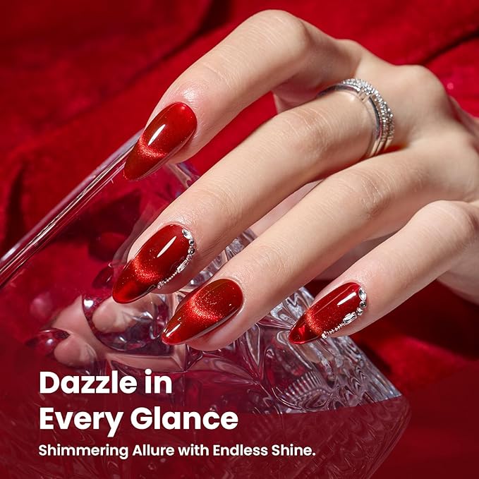Beetles Red Cat Eye Gel Nail Polish Set - Sultry Burgundy Cat Eye Gel Polish, 6 Colors Christmas Gel Polish Kit Burgundy Dark Red Glitter Red Magnetic Soak Off UV Nail Art Manicure Gift for Women