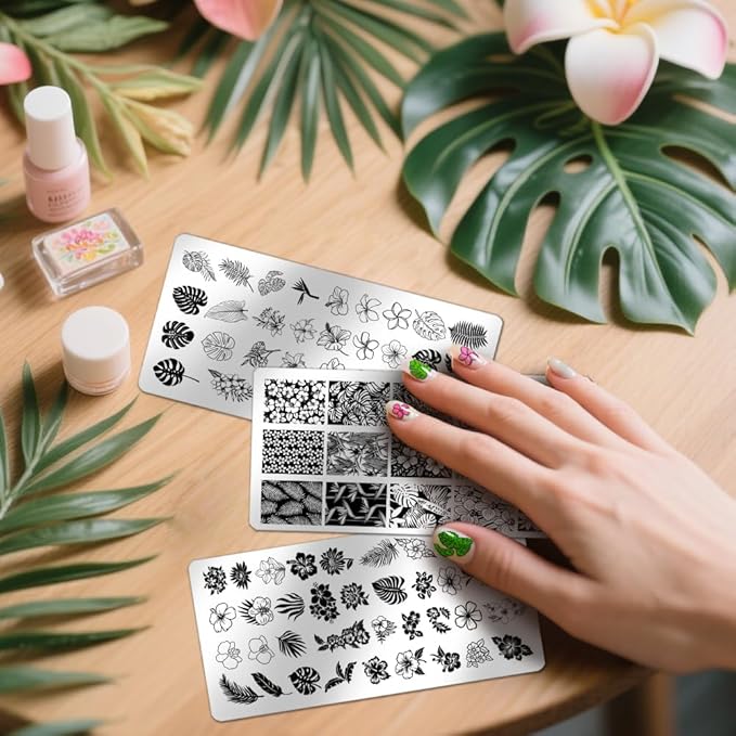 PH PandaHall 3pcs Flower Leaves Nail Stamping Plates Rainforest Blooms Nail Art Stencils Tropical Floral Manicure Art Plates Plants Nails Stamping Temeplates for Women Manicures Salon Design Printing