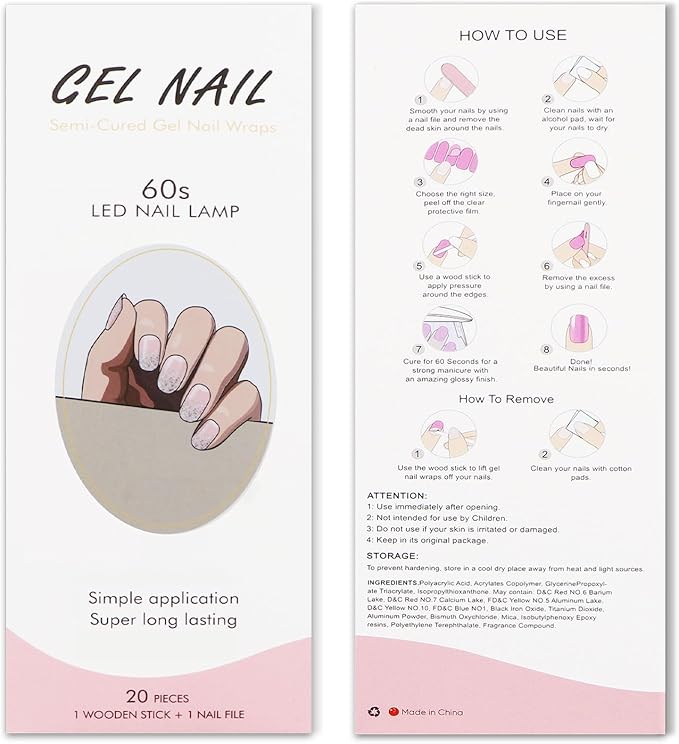 JMEOWIO Gel Nail Stickers Glitter Light Pink Cured Gel Nail Strips Wraps UV/LED Nails Art Design Decoration Accessories