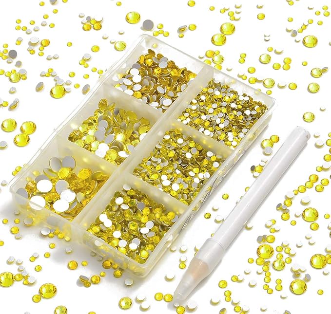 AD Beads 4300 Pieces Flat Back Nail Art Rhinestones Round Beads 6 Sizes (2-6.5mm) with Storage Organizer Box,Rhinestones Picking Pen for Nail Art Phone Decorations Crafts DIY (Citrine)