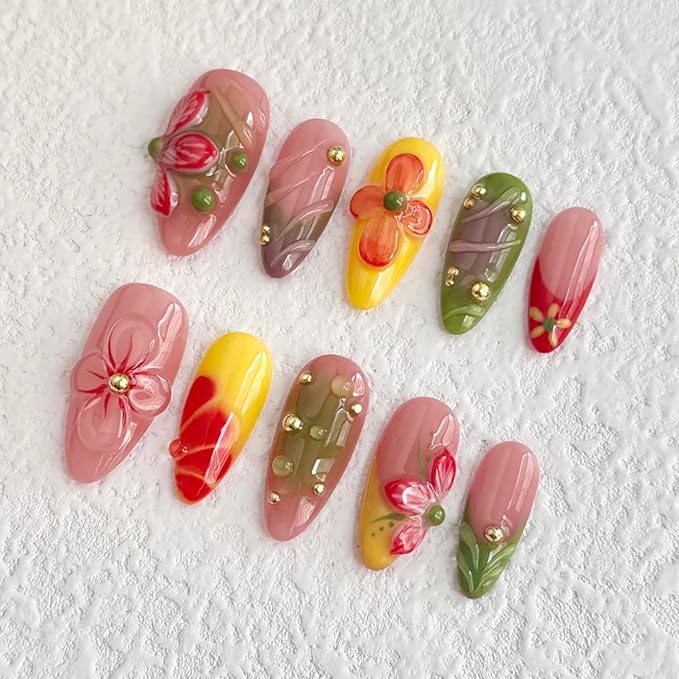 Luxury Press on Nails Medium Almond Handmade 3D Unique Reusable ABS Material Fake Nails French Tip False Nails with Designs Flower Water Drop Art Petal Glossy Glue on Nails Thick Acrylic Nails(S)
