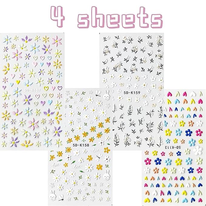 Flower Nail Art Stickers - 5D Embossed, Spring/Summer Daisy Designs, Self-Adhesive Decals for Women's Nail DIY Decoration