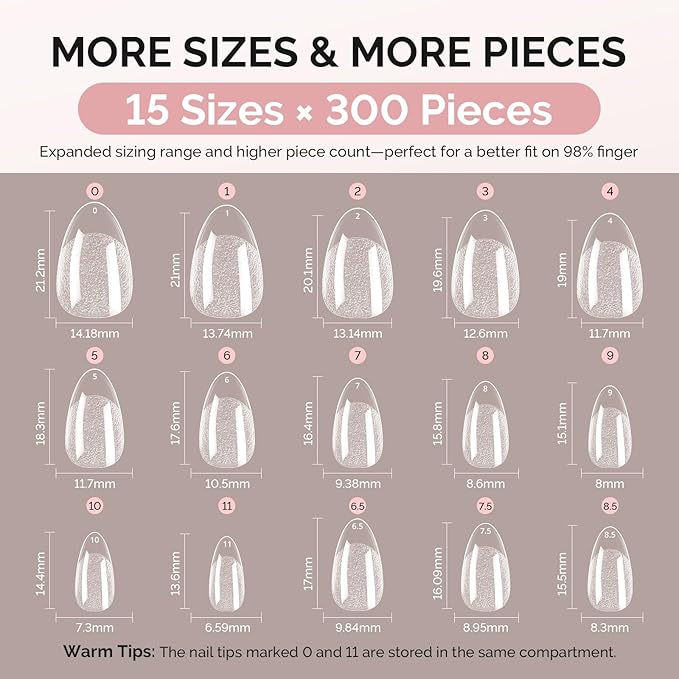 MelodySusie Short Almond X Nail Tips - 300Pcs 15 Sizes Clear Acrylic,Half Matte Full Cover Press on Nails for DIY Extension & Salon Use, Pre-Shaped for Long-Lasting Manicure