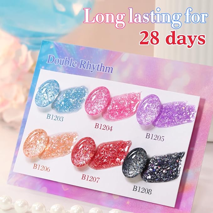 Double Rhythm 0.5 Oz Glitter Gel Polish Set of 6 Color with Display Borad 15 ml Full Size Kit Shimmer Reflective Sparkle Soak Off Manicure Salon DIY at Home (Black Red Pink Blue Orange Purple-T6-55)