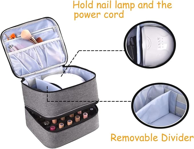 Meichoon Carrying Case Organizer 2 Layers Storage Holder Case with Adjustable Bottle Compartment 30 Bottles of Gel lamp and Manicure Tools Large Makeup Bag Travel with Removable Divider Gray