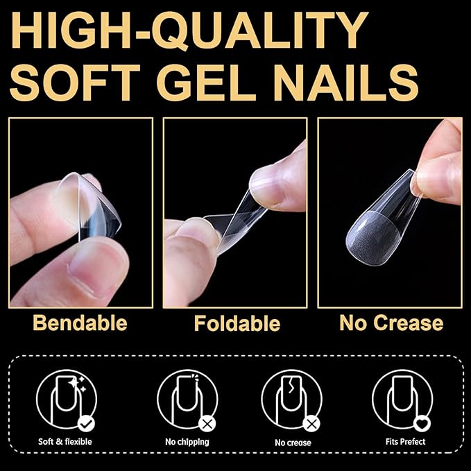 BlueZOO Gel Long Nail Tips Pre-etching Almond Coffin Oval Clear Press On Nails, Salon Quality 3 Styles 360Pcs Half Matte Full Cover Acrylic False Nails Extension DIY Manicure Beginner & Professional