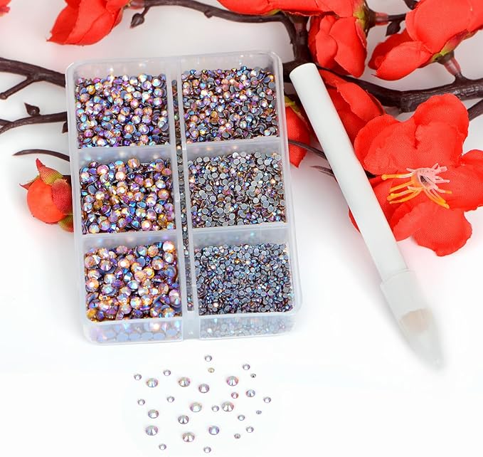 Bymitel Hotfix Crystal Rhinestones Round Gems for Crafts,Mixed 6 Sizes with Wax Pencil Kit, Topaz AB 1.3-3.2mm(SS3-SS12/8000pcs)