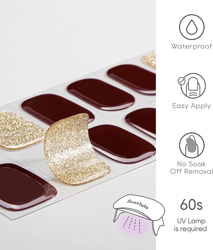 Semi Cured Gel Nail Strips - UV Light Gel Nail Stickers - 20 Long Lasting Salon Quality Wraps (Crimson Aristocrat Red&Gold)
