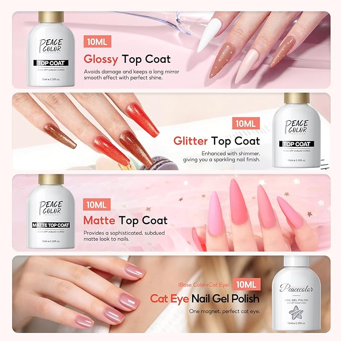 Peacecolor 83Pcs Gel Nail Polish Kit with U V Light and Drill, 56 Colors All Seasons Soak Off Gel Polish Set Cat Eye Gel with Matte/Glossy Glitter Base Top Coat Manicure Nail Kit Gifts for Women Girls