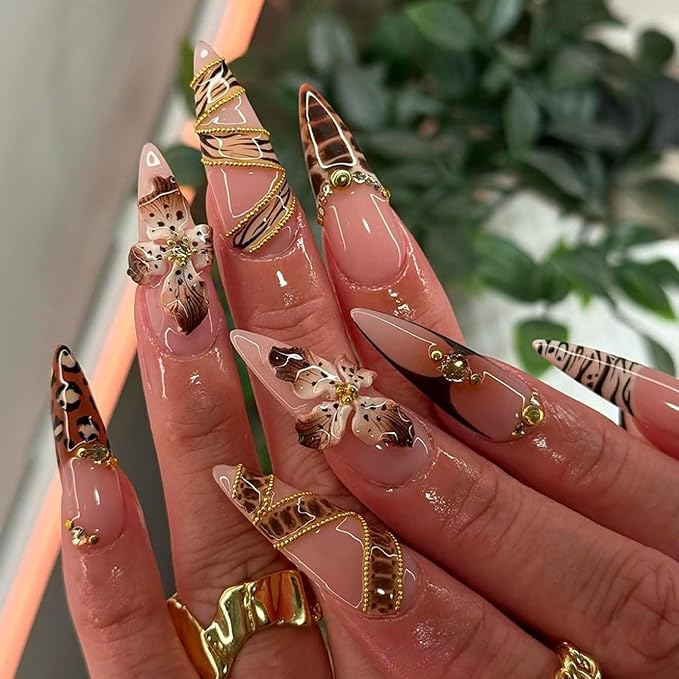 Almond Press on Nails Long Brown Flowers Stick on Nail for Women 24pcs