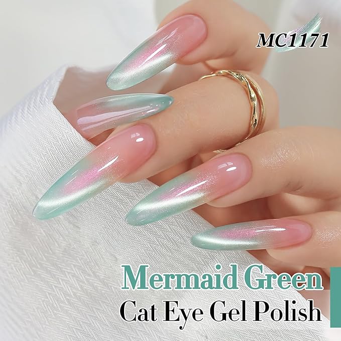 Double Rhythm 0.5 Oz Cat Eye Gel Polish with Magnet Same Color Same Bottle Holographic Glitter Shimmer Translucent Color Salon 15 ML Magnetic Nail Art (Mermaid Green-MC1171)
