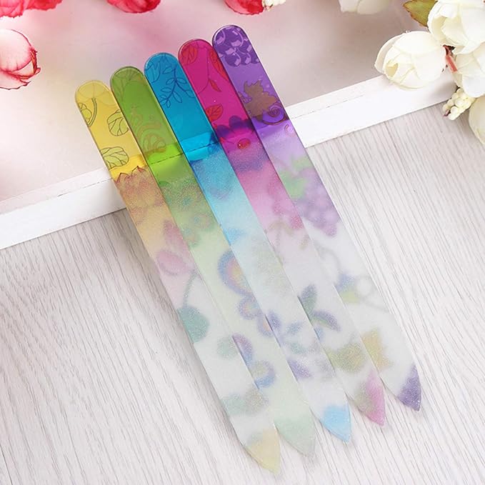 5 Pack Glass Nail File with Case, Crystal Fingernail Files, Double Sided Finger Nail Files, Professional Manicure Nail Care for Presents (Printed-5PCS with Case), Christmas Gifts Stocking Stuffers